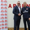 Arsenal manager Arsène Wenger with Mark Mitchinson of Huawei